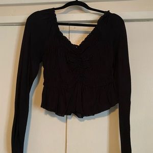 Urban Outfitters- Black Smocked Long Sleeve Blouse